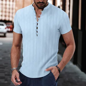 Light blue men's jacquard henley shirt with stand collar and short sleeves, casual style