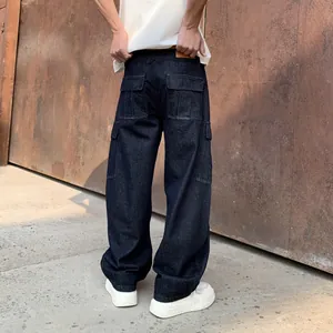 Men's loose straight-leg dark blue washed cargo jeans featuring multi-pocket streetwear style