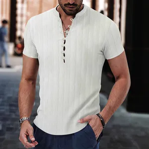 Men's white jacquard Henley shirt with stand collar and short sleeves in casual style