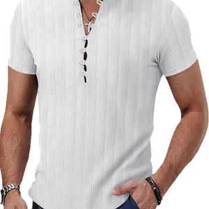 Men's summer white jacquard Henley shirt with stand collar and casual short sleeves
