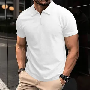 Men's athletic white short sleeve polo shirt featuring a stylish half-zipper collar detail