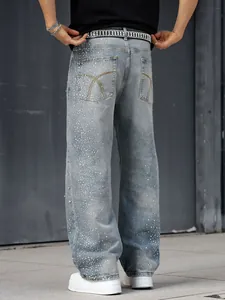 Jean en denim ample à jambe droite pour homme avec détails de strass brillants
