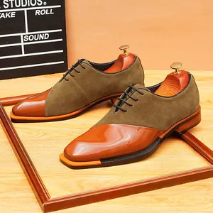 Vintage men's patchwork leather Oxford shoes with tan suede and glossy brown finish