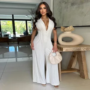 Tuta Intera da Donna Senza Maniche Gamba Larga Scollo a V Tinta Unita Vita Alta Poliestere Casual Streetwear Tuta Lunga da Donna