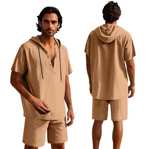Set estivo da uomo in lino camicia con cappuccio a maniche corte e pantaloncini kaki