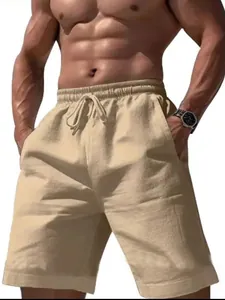 Heren katoen linnen shorts met trekkoord elastische taille in kaki
