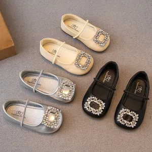 Mädchen Prinzessin Lederschuhe Quadratische Strass-Schnalle Weiche Sohle Slip-On Mary Jane Flats Für Hochzeit Party Kinder Schuhe