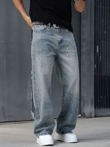 Jean en denim pour hommes, coupe droite et large, orné de diamants en strass brillants