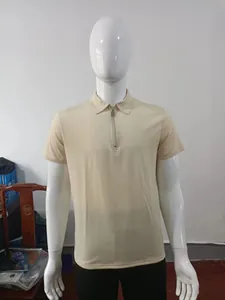 Men's summer knit polo shirt with half-zip, short sleeves, solid beige sport style