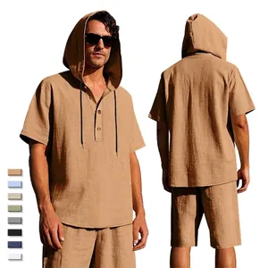 Completo da Uomo Estivo in Lino con Camicia a Maniche Corte con Cappuccio e Pantaloncini Casual Beach Outfit Top And Bottom Traspirante
