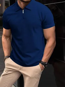 Men's short sleeve half-zip polo shirt in navy blue knit fabric