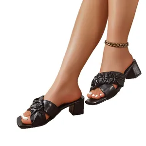 Elegant black ruched block heel sandals for women with a stylish square toe design