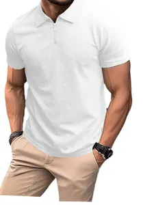 Men's white short sleeve polo shirt with half-zip collar and refined knitted texture