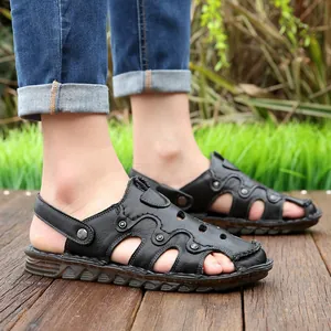 Sandales d'été en cuir véritable pour hommes avec semelle antidérapante pour plage