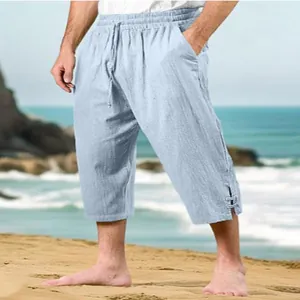 Ανδρικό casual βαμβακερό λινό παντελόνι με κορδόνι σε γαλάζιο χρώμα για την παραλία
