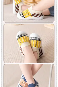 Close-up of breathable mesh toddler shoes with soft non-slip soles for walking.