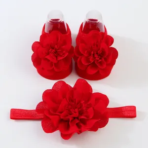 Set de Calcetines y Diadema para Bebé Niña Flores de Gasa 3D Calcetines Antideslizantes de Algodón para Recién Nacido