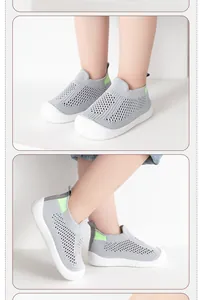 Nahaufnahme von grauen, atmungsaktiven Lauflernschuhen aus Mesh für Kleinkinder.