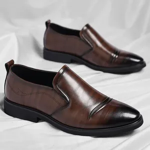 Elegant men's brown leather slip-on shoes with classic burnished toe for business