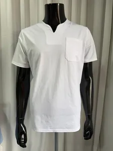 Detailed view of a white V-neck muscle fit sports T-shirt with a functional chest pocket