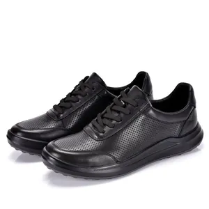 Premium μαύρα διάτρητα δερμάτινα ανδρικά casual sneakers με σχέδιο με κορδόνια