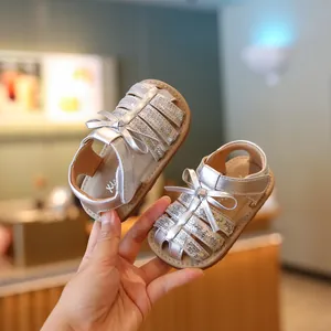 Zilveren babysandalen met lovertjes en strik voor meisjes, zachte antislip peuterschoenen