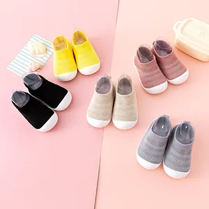Breathable knit toddler walking shoes with soft rubber soles in five vibrant colors.