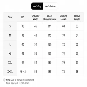 Detailed size chart for men's outdoor sports hoodie including measurements from S to 3XL