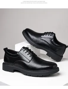 Detailansicht schwarzer perforierter Leder-Herrenschuhe mit atmungsaktivem Hohldesign.