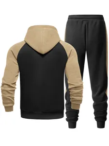 Rear view of men's color block raglan sleeve hoodie and sweatpants tracksuit set
