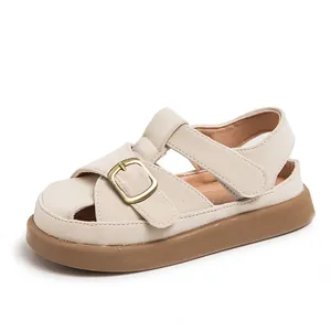 Girls' closed-toe sandals with soft soles and vintage gold buckle for summer