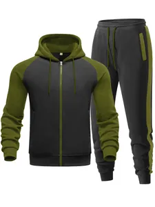 Men's two-piece color-block tracksuit with raglan sleeve hoodie and matching pants