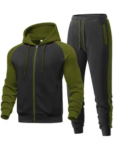 Detailed view of men's olive green and charcoal raglan hoodie and pants set