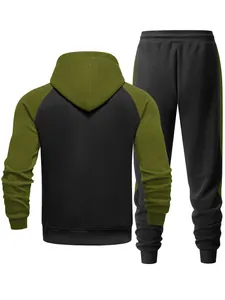 Back view of a men's color-blocked raglan sleeve hoodie and matching sweatpants set