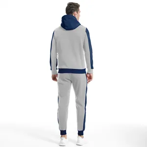 Herren Sportanzug in Grau und Marineblau mit Kapuzenpullover in der Rückansicht gezeigt
