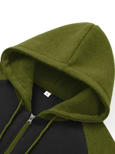 Detail view of men's color block raglan hoodie featuring a durable metal zipper.