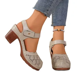 Elegant retro women's hollowed closed-toe sandals with chunky high heels in beige