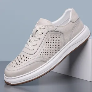 Heren Eerste Laag Koeienhuid Casual Schoenen Zomer Ademend Opengewerkt Witte Leren Schoenen Rubberen Zool Mode Sneakers