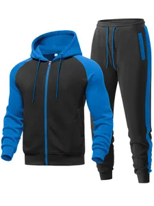 Full view of men's casual color-block sports suit featuring blue and black accents