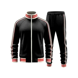 High-quality men's sports tracksuit 2-piece set with red and white striped side bands