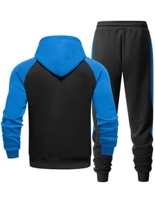 Back view of men's blue and black raglan sleeve tracksuit set for autumn sports.