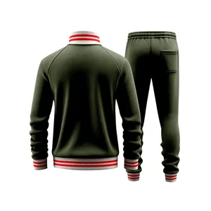 Back view of a professional men's olive green sports tracksuit set with striped ribbing
