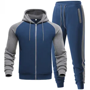 Men's casual navy and gray colorblock raglan hoodie and jogger tracksuit set