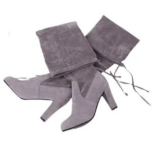 Elegant grey over-the-knee high heel boots with soft suede-like finish for women