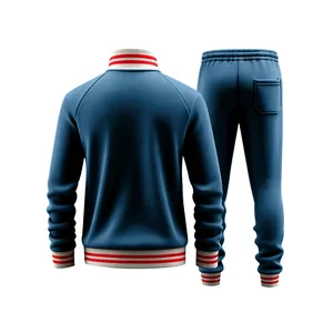 Back view of blue men's athletic tracksuit with red and white striped rib trim
