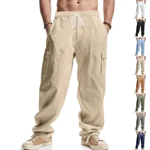 Herren Atmungsaktive Leinen Cargo Hose Dünn American Style Multi-Taschen Locker Lässig Gerade Schnitt Kordelzug Hose Für Herren Mode