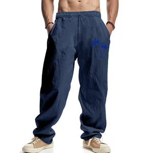 Men's breathable loose-fit linen trousers with Hawaii palm tree print and drawstring