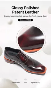 Detailed view of the premium polished leather and bicolor sole on men's formal Oxford shoes