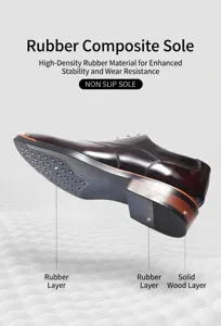 Detail of durable non-slip rubber and wood composite sole on men's formal oxford shoe