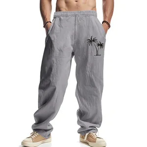 Men's loose linen-blend summer beach pants featuring a minimalist tropical palm tree print